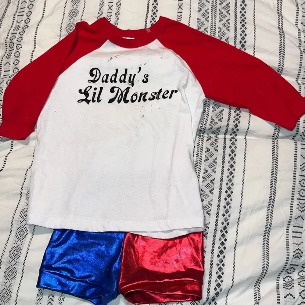 Harley Quinn “Daddy’s Lil Monster” Costume Set – Girls 5T – Red & Blue Shorts Ou